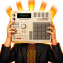 Tizz holding an MPC in front of his face, with sparks above it